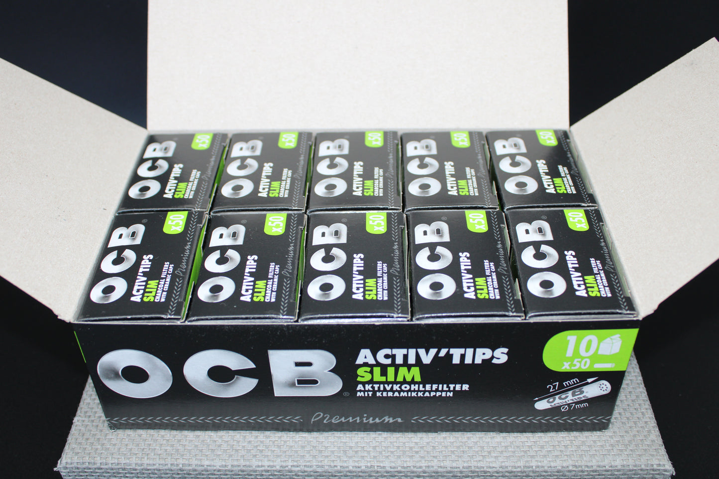 OCB Active Tips Slim à 50 „Aktivkohlefilter mit Keramikkappen" Display