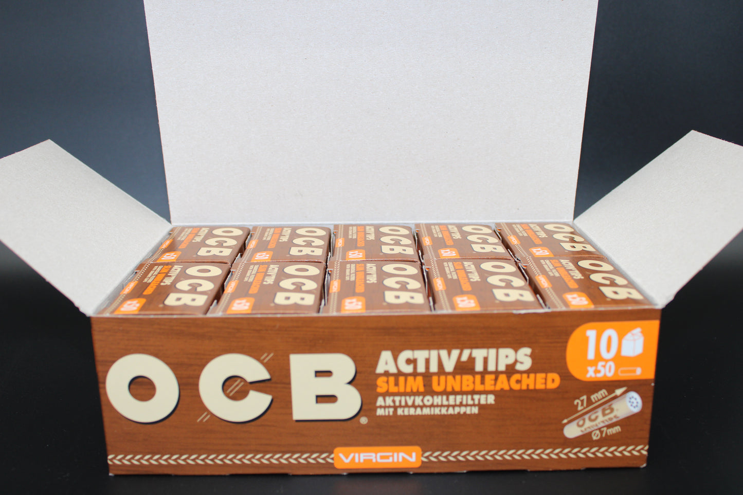 OCB Active Tips Slim Unbleached à 50 „Aktivkohlefilter mit Keramikkappen" Display