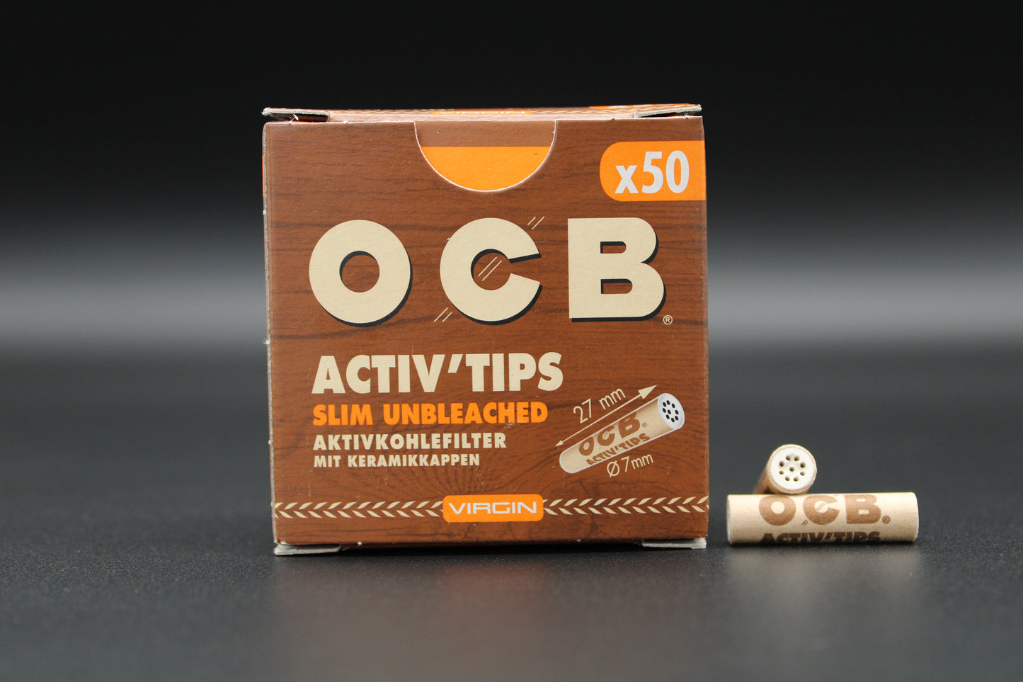 OCB Active Tips Slim Unbleached à 50 „Aktivkohlefilter mit Keramikkappen" Display