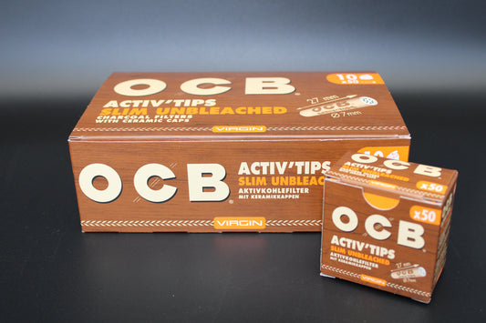 OCB Active Tips Slim Unbleached à 50 „Aktivkohlefilter mit Keramikkappen" Display